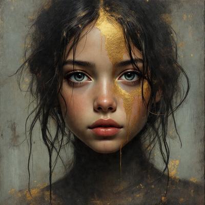 The primary subject of the image is a woman with long hair, painted in a gold and black color scheme. She is wearing gold paint on her face, and her hair is styled in a braid. The setting is a painting, and the visual style is a combination of digital art and illustration. The colors and mood of the image are rich and dramatic, with the gold paint adding a sense of luxury and sophistication to the overall atmosphere.